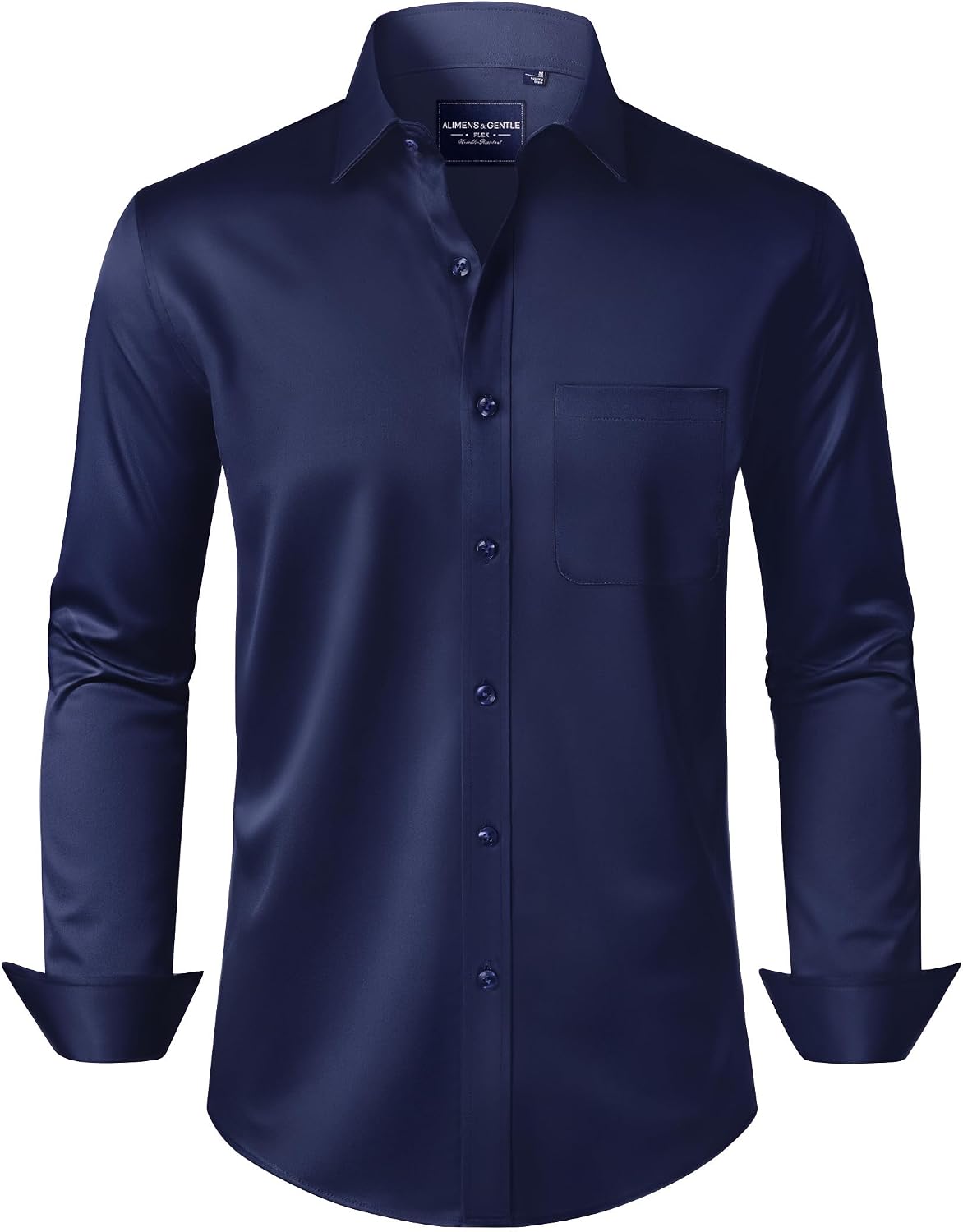 Alimens & Gentle Men's Dress Shirts Long Sleeve Wrinkle-Free Stretch Shirts Solid Formal Button Down Shirt with Pocket Navy Blue