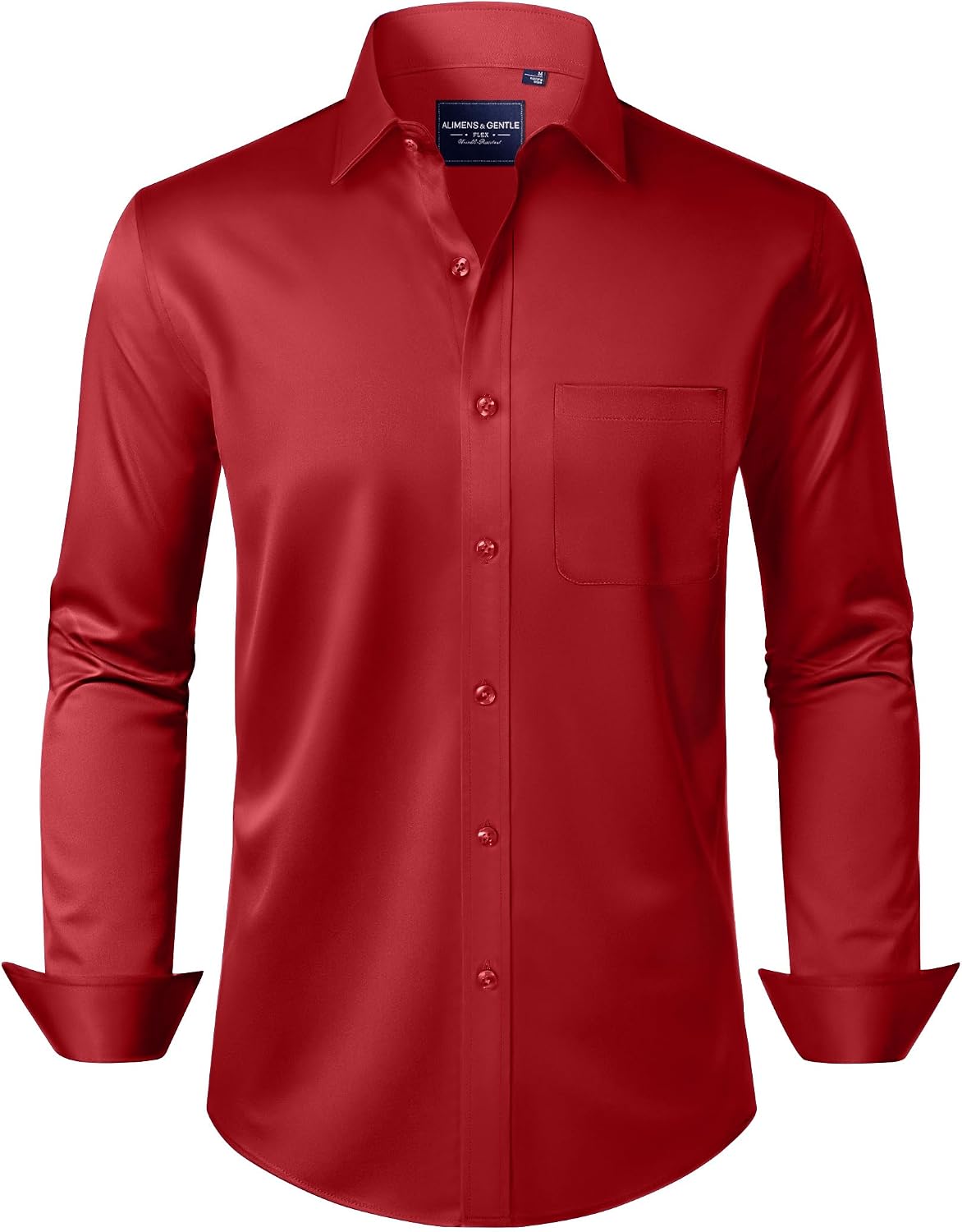 Alimens & Gentle Men's Dress Shirts Long Sleeve Wrinkle-Free Stretch Shirts Solid Formal Button Down Shirt with Pocket Red