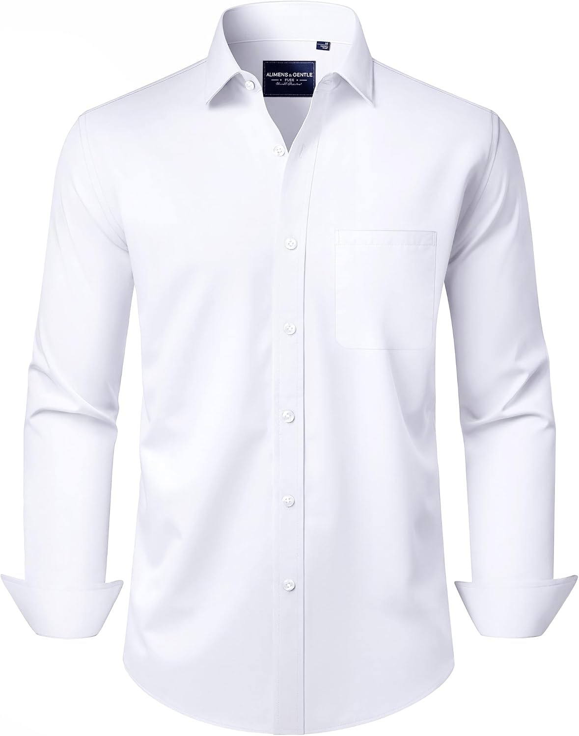Alimens & Gentle Men's Dress Shirts Long Sleeve Wrinkle-Free Stretch Shirts Solid Formal Button Down Shirt with Pocket White