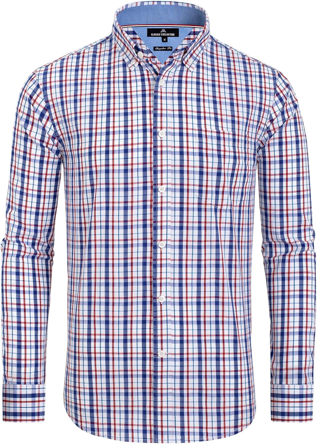 Alimens & Gentle Men's Plaid Button Down Shirts Cotton Long Sleeve Dress Shirts Regular Fit Gingham Shirts Navy Red, Plaid 2