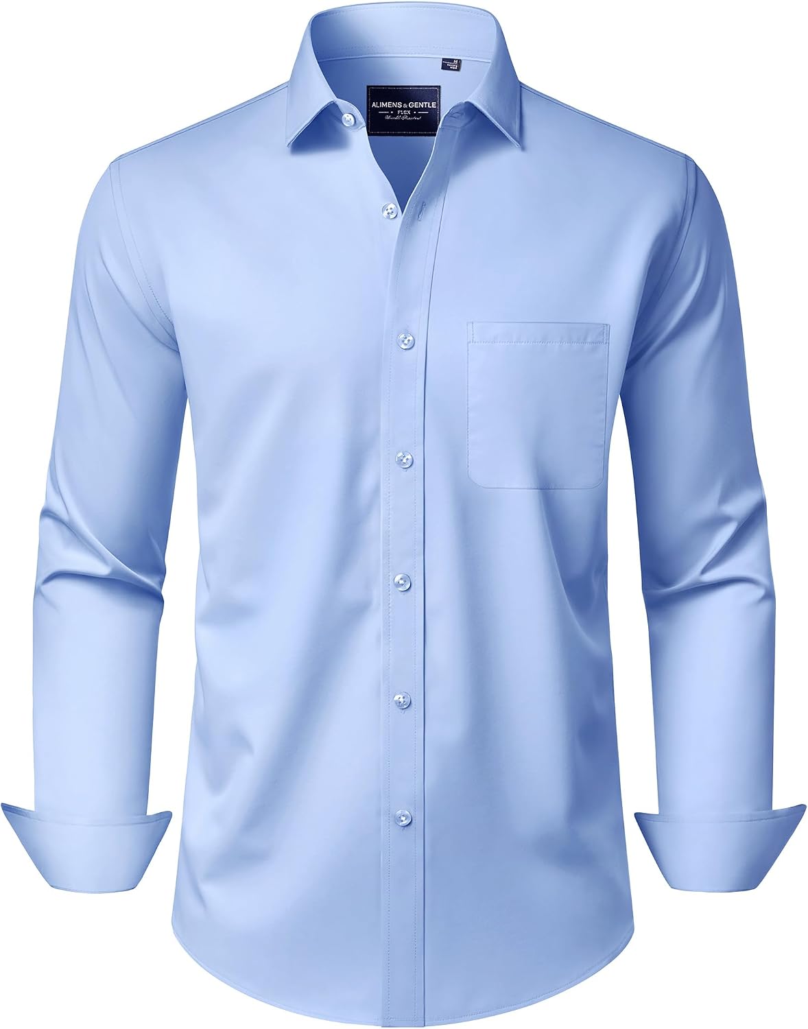 Alimens & Gentle Men's Dress Shirts Long Sleeve Wrinkle-Free Stretch Shirts Solid Formal Button Down Shirt with Pocket Light Blue