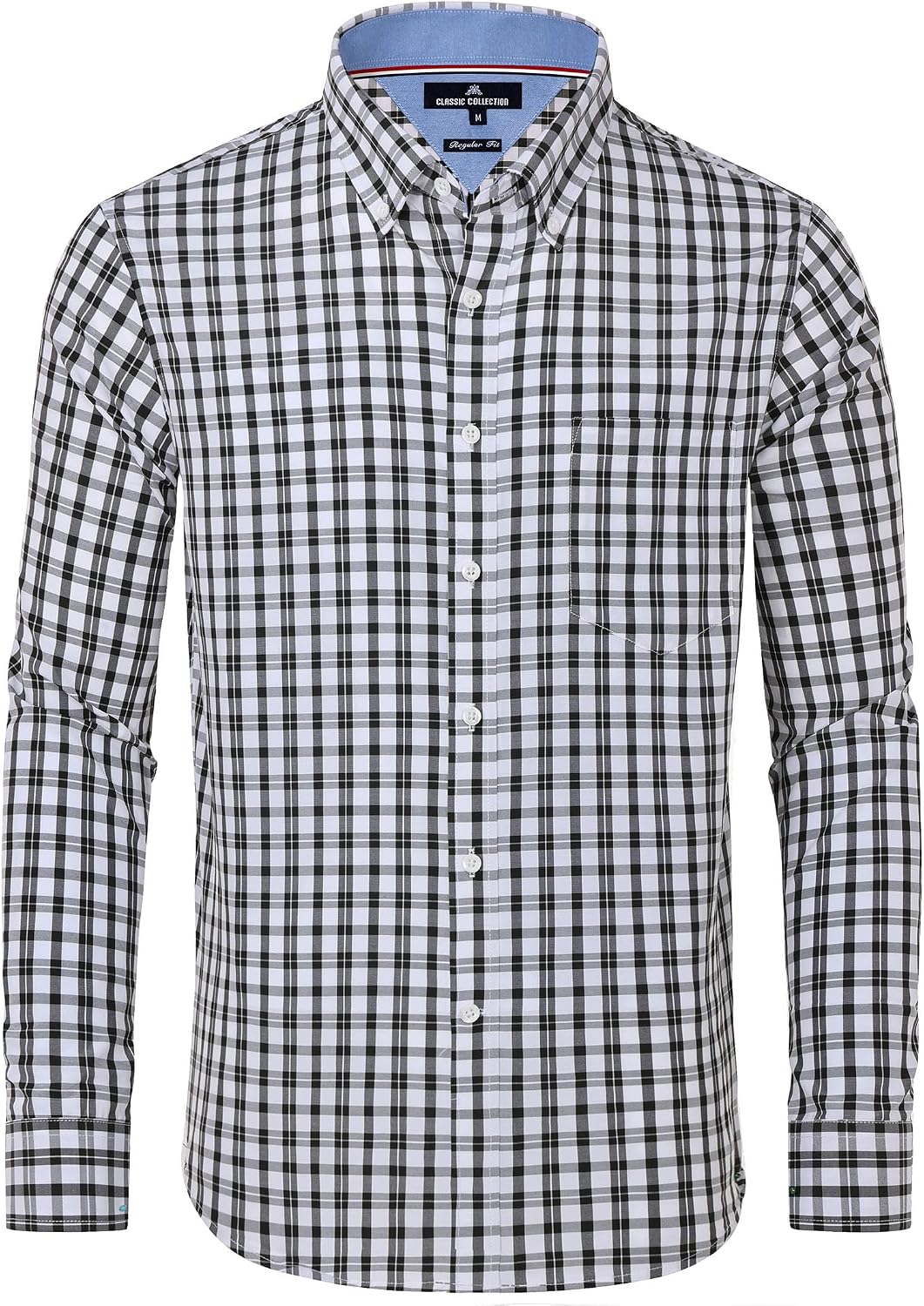 Alimens & Gentle Men's Plaid Button Down Shirts Cotton Long Sleeve Dress Shirts Regular Fit Gingham Shirts Black White Plaid