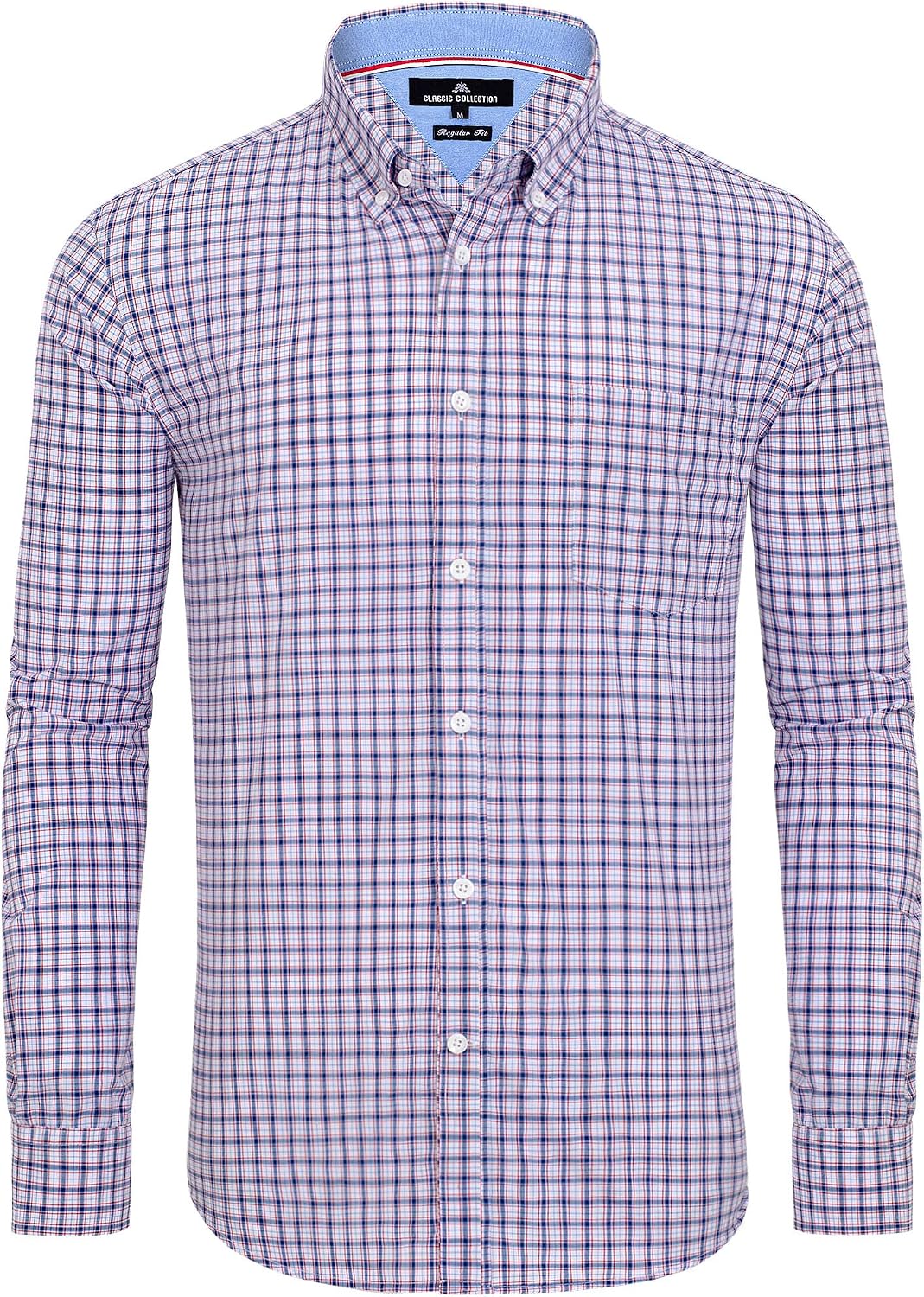 Alimens & Gentle Men's Plaid Button Down Shirts Cotton Long Sleeve Dress Shirts Regular Fit Gingham Shirts Red Navy, Gingham