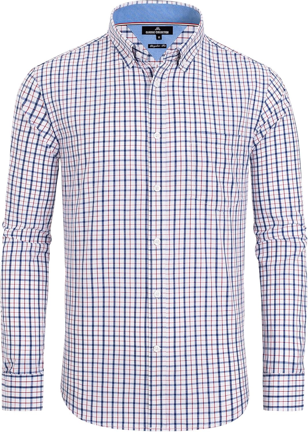 Alimens & Gentle Men's Plaid Button Down Shirts Cotton Long Sleeve Dress Shirts Regular Fit Gingham Shirts Navy Red, Small Plaid