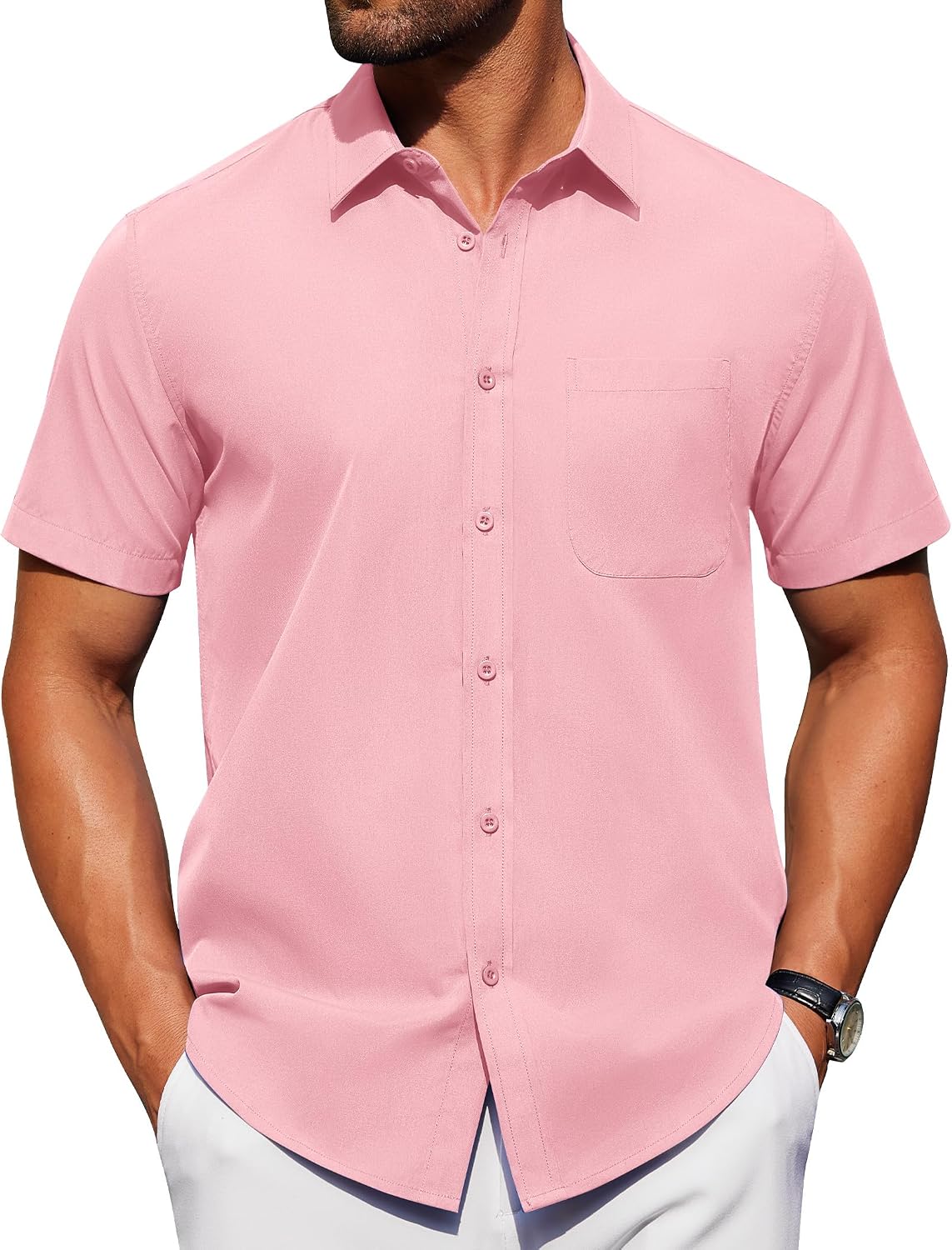 Alimens & Gentle Men's Short Sleeve Dress Shirts Wrinkle Free Untucked Casual Button Down Shirt Pink