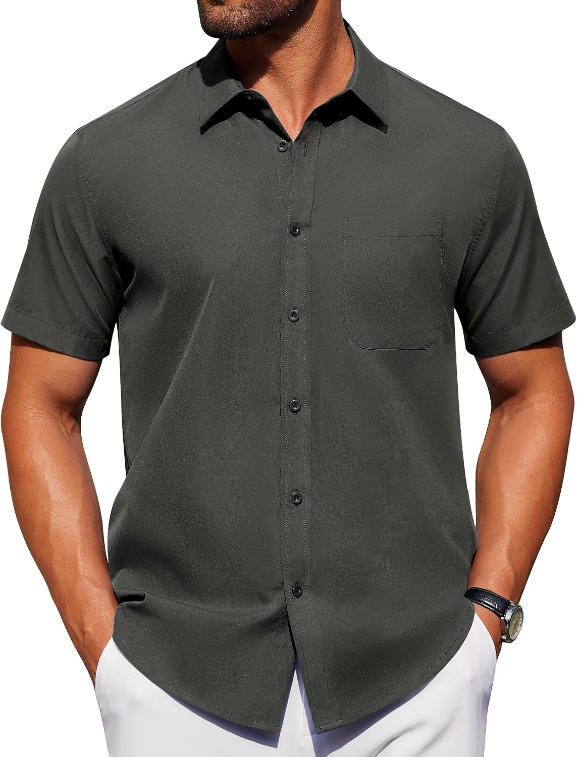 Alimens & Gentle Men's Short Sleeve Dress Shirts Wrinkle Free Untucked Casual Button Down Shirt Dark Grey