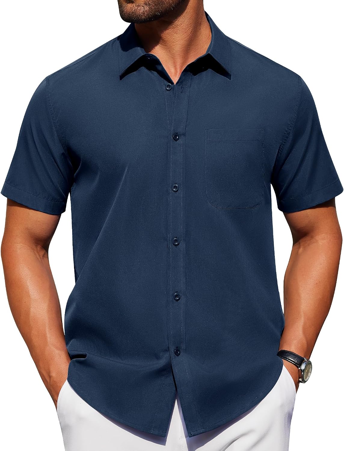 Alimens & Gentle Men's Short Sleeve Dress Shirts Wrinkle Free Untucked Casual Button Down Shirt Navy Blue