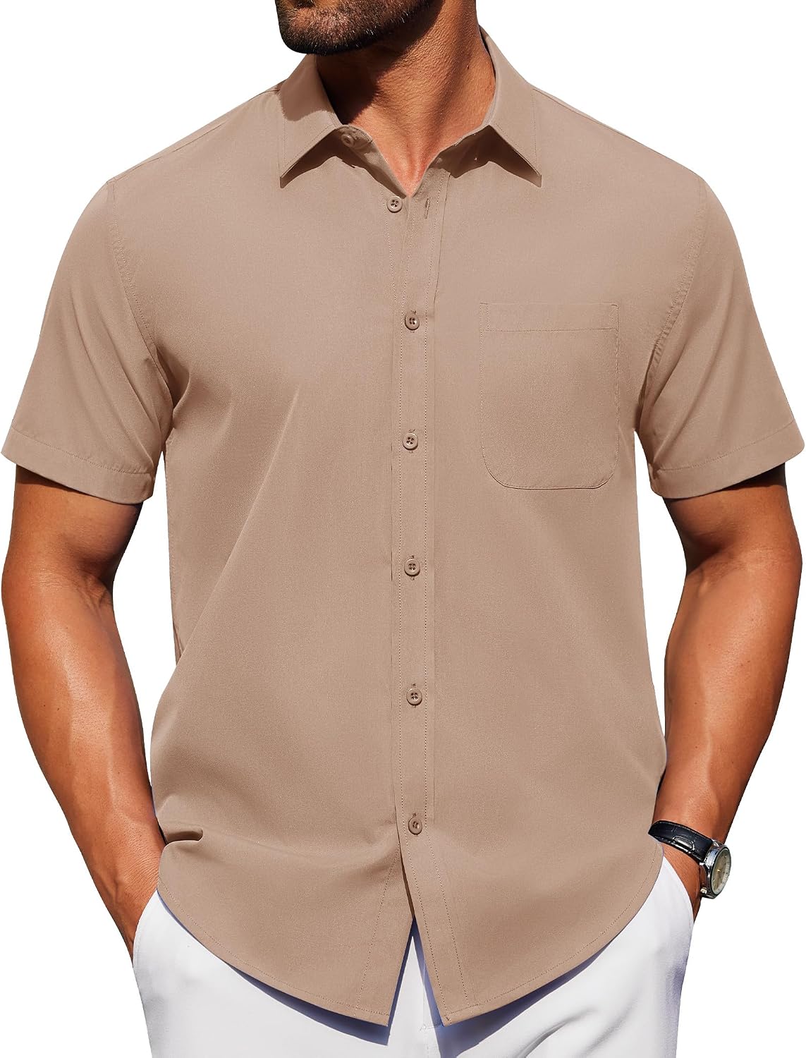 Alimens & Gentle Men's Short Sleeve Dress Shirts Wrinkle Free Untucked Casual Button Down Shirt Khaki