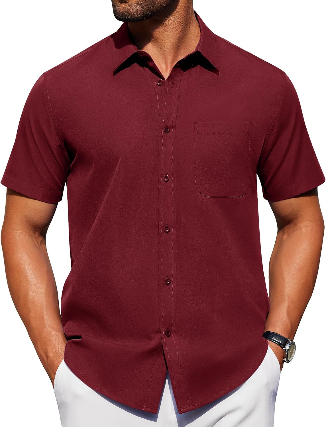 Alimens & Gentle Men's Short Sleeve Dress Shirts Wrinkle Free Untucked Casual Button Down Shirt Wine Red