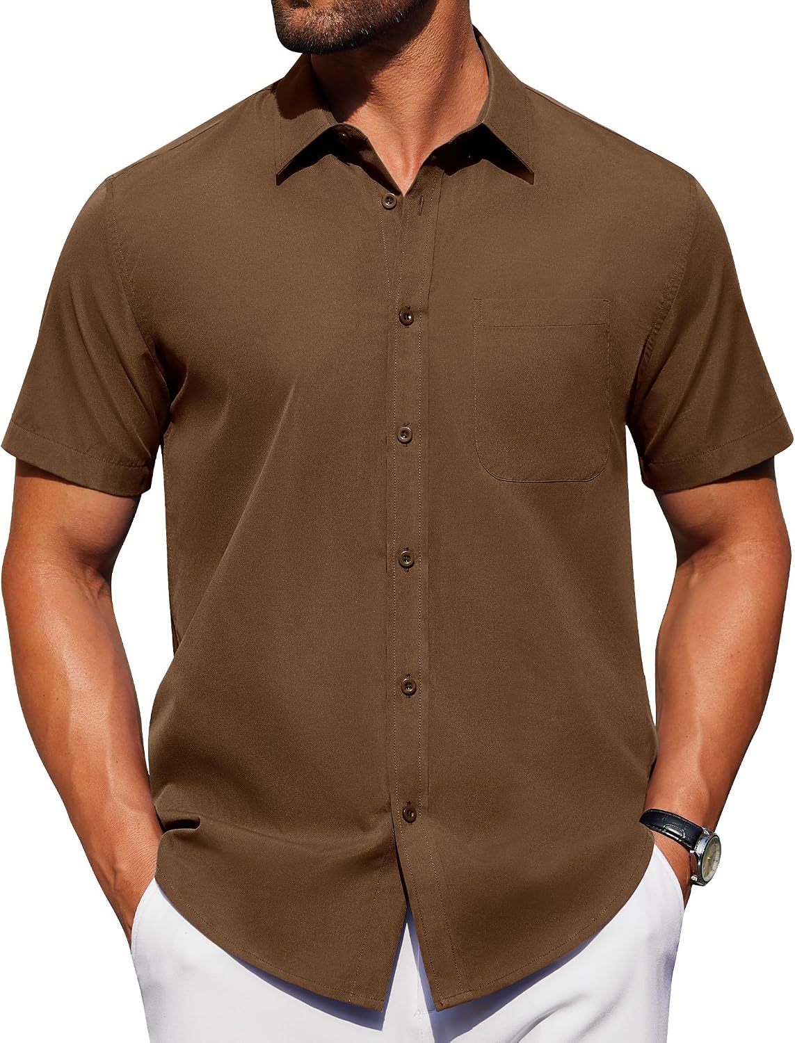 Alimens & Gentle Men's Short Sleeve Dress Shirts Wrinkle Free Untucked Casual Button Down Shirt Brown