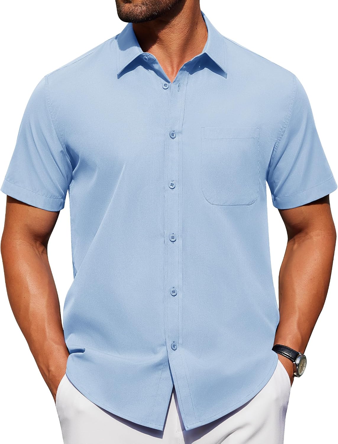 Alimens & Gentle Men's Short Sleeve Dress Shirts Wrinkle Free Untucked Casual Button Down Shirt Light Blue