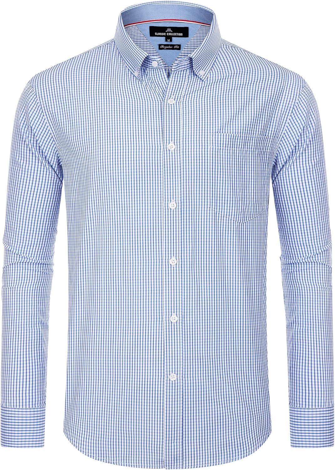 Alimens & Gentle Men's Plaid Button Down Shirts Cotton Long Sleeve Dress Shirts Regular Fit Gingham Shirts Blue White Gingham