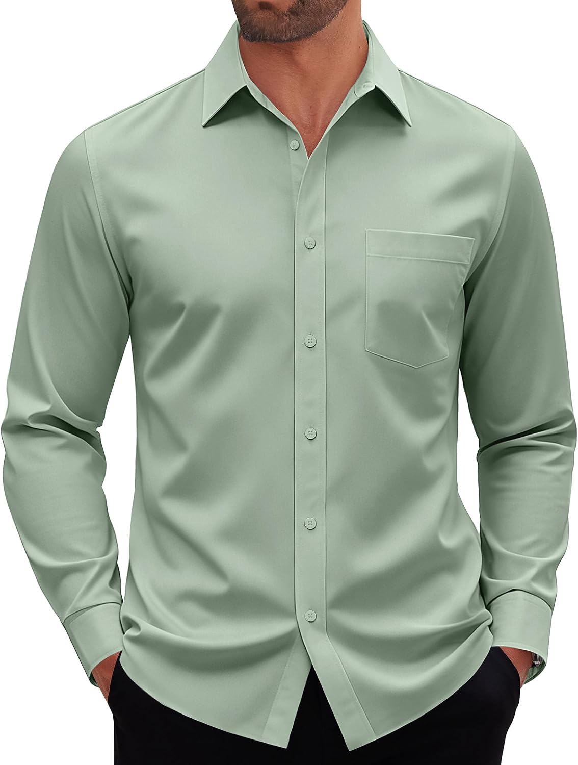 Mens Dress Shirt Long Sleeve Wrinkle Free Stretch Button Down Shirt Sage Green