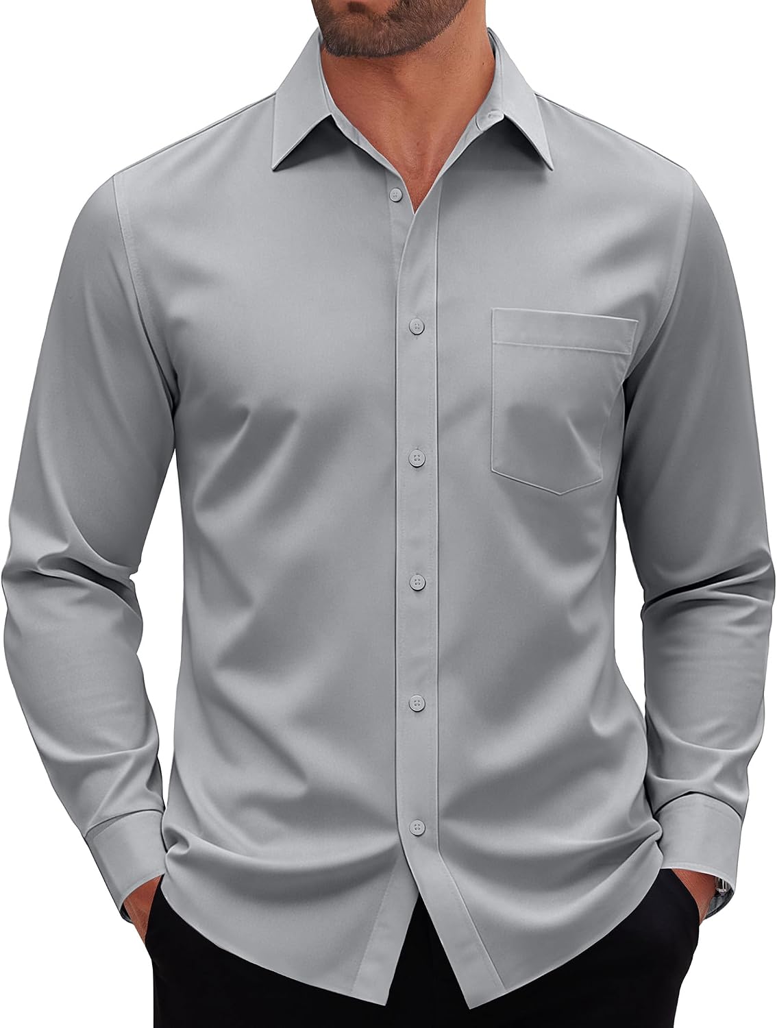 Mens Dress Shirt Long Sleeve Wrinkle Free Stretch Button Down Shirt Grey