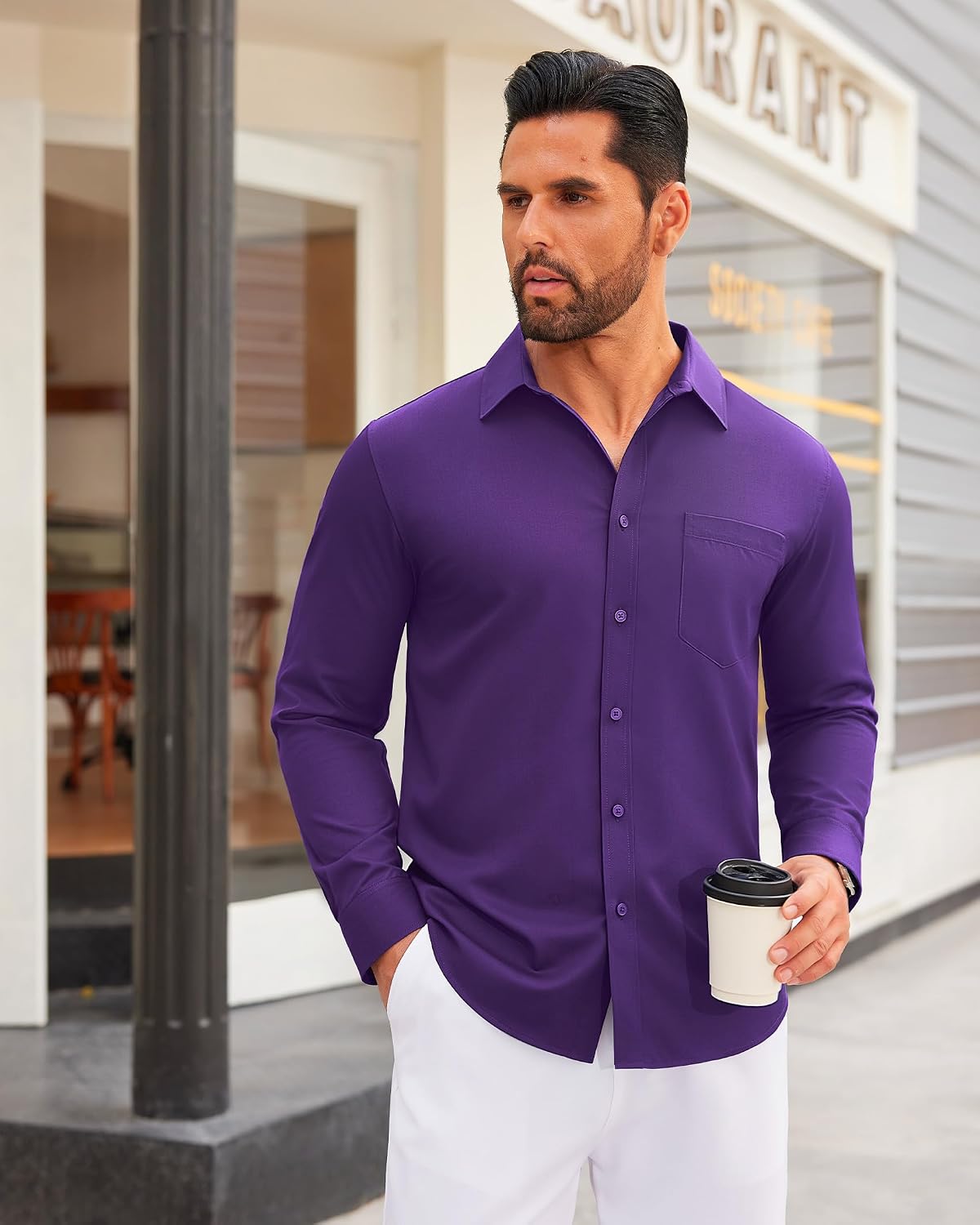 Mens Dress Shirt Long Sleeve Wrinkle Free Stretch Button Down Shirt Purple