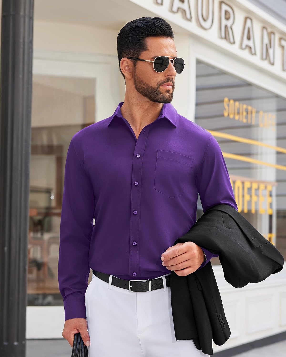 Mens Dress Shirt Long Sleeve Wrinkle Free Stretch Button Down Shirt Purple