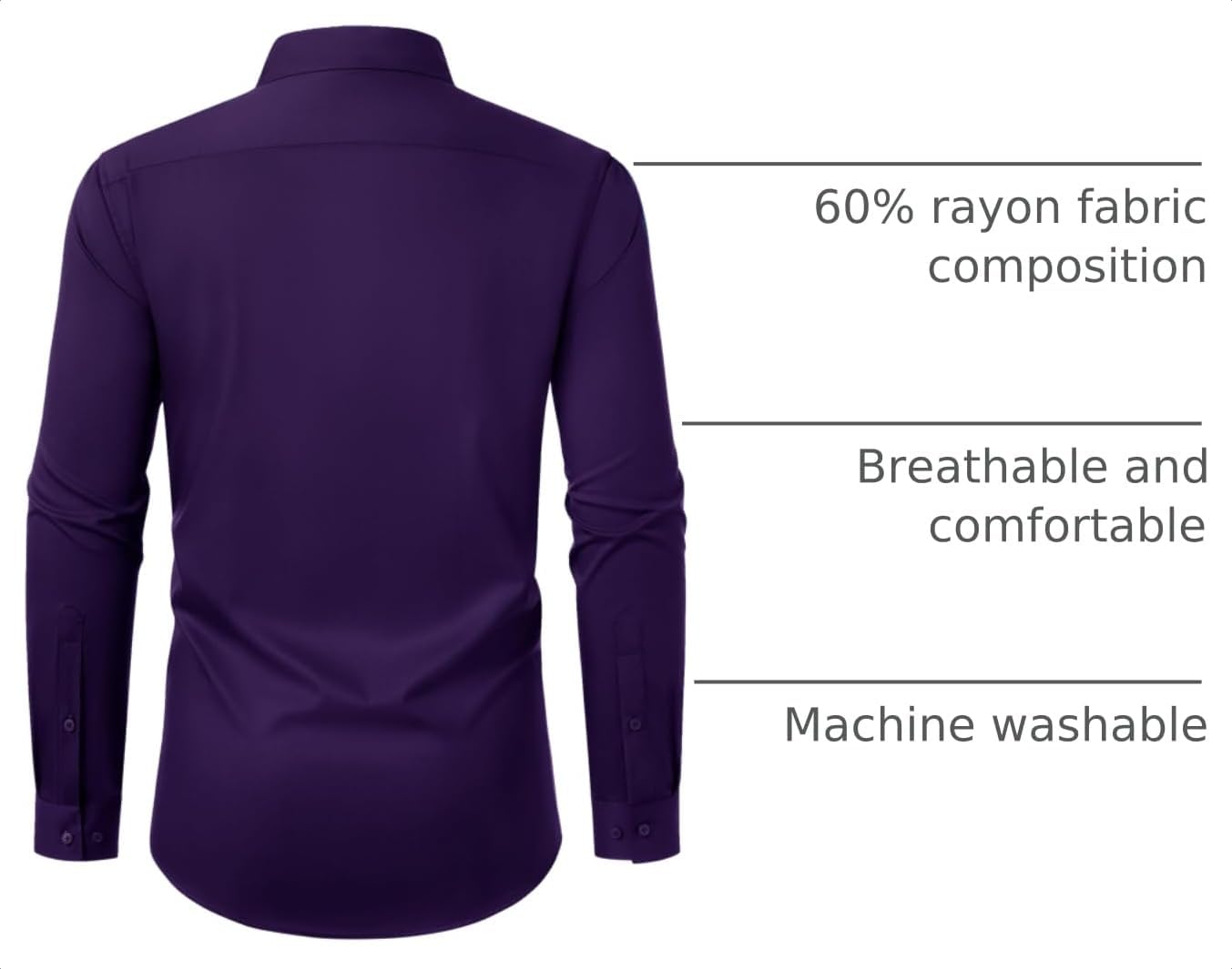 Mens Dress Shirt Long Sleeve Wrinkle Free Stretch Button Down Shirt Purple
