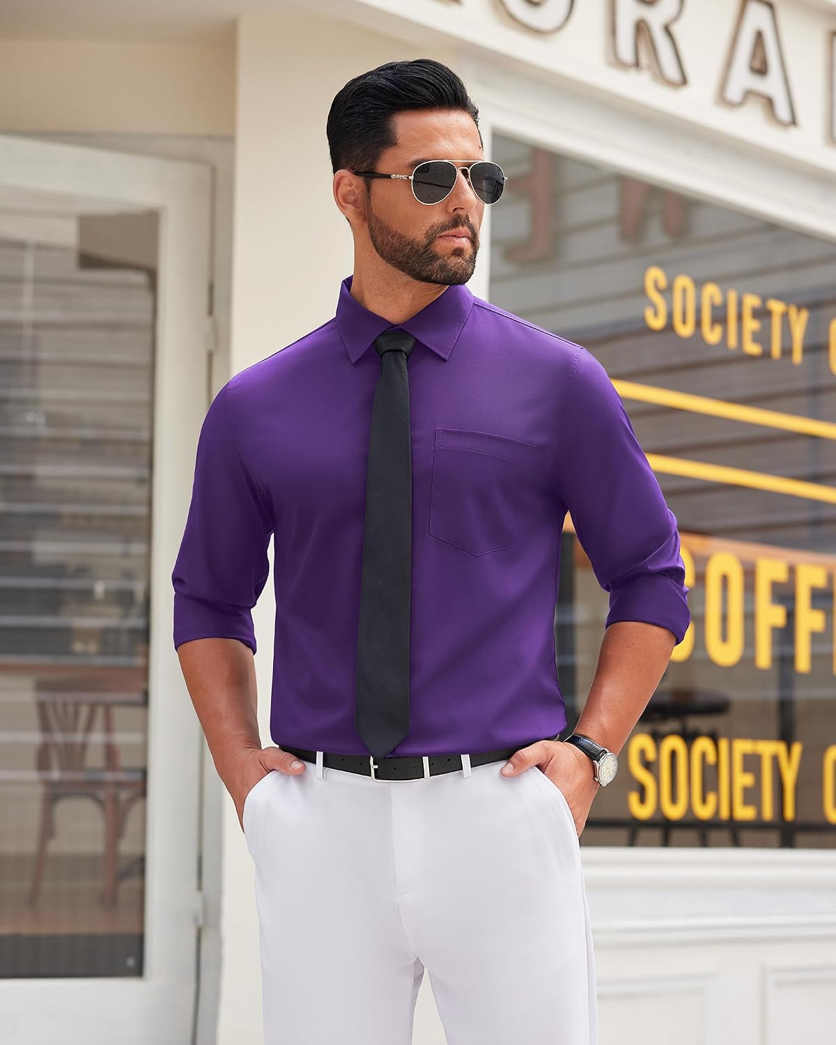 Mens Dress Shirt Long Sleeve Wrinkle Free Stretch Button Down Shirt Purple