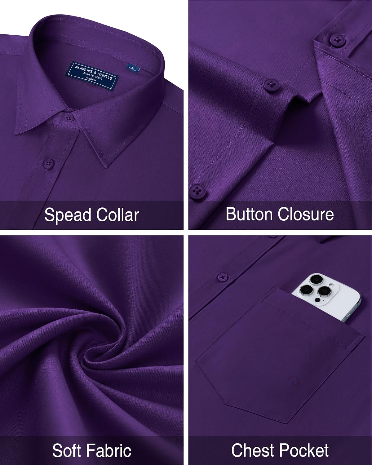Mens Dress Shirt Long Sleeve Wrinkle Free Stretch Button Down Shirt Purple