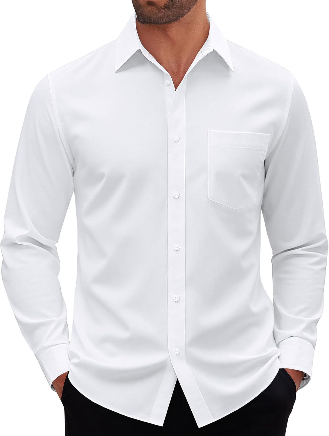 Mens Dress Shirt Long Sleeve Wrinkle Free Stretch Button Down Shirt White
