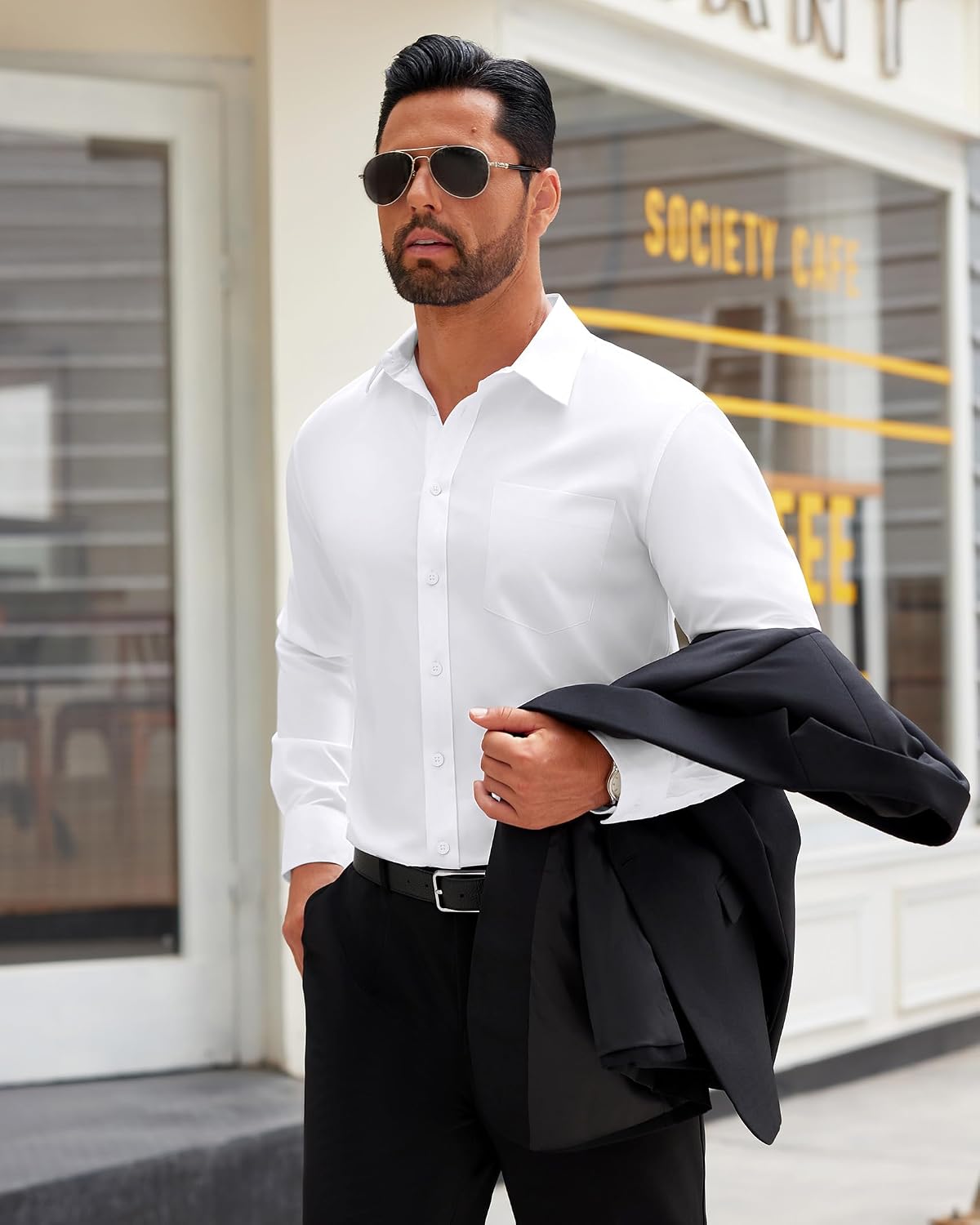 Mens Dress Shirt Long Sleeve Wrinkle Free Stretch Button Down Shirt White