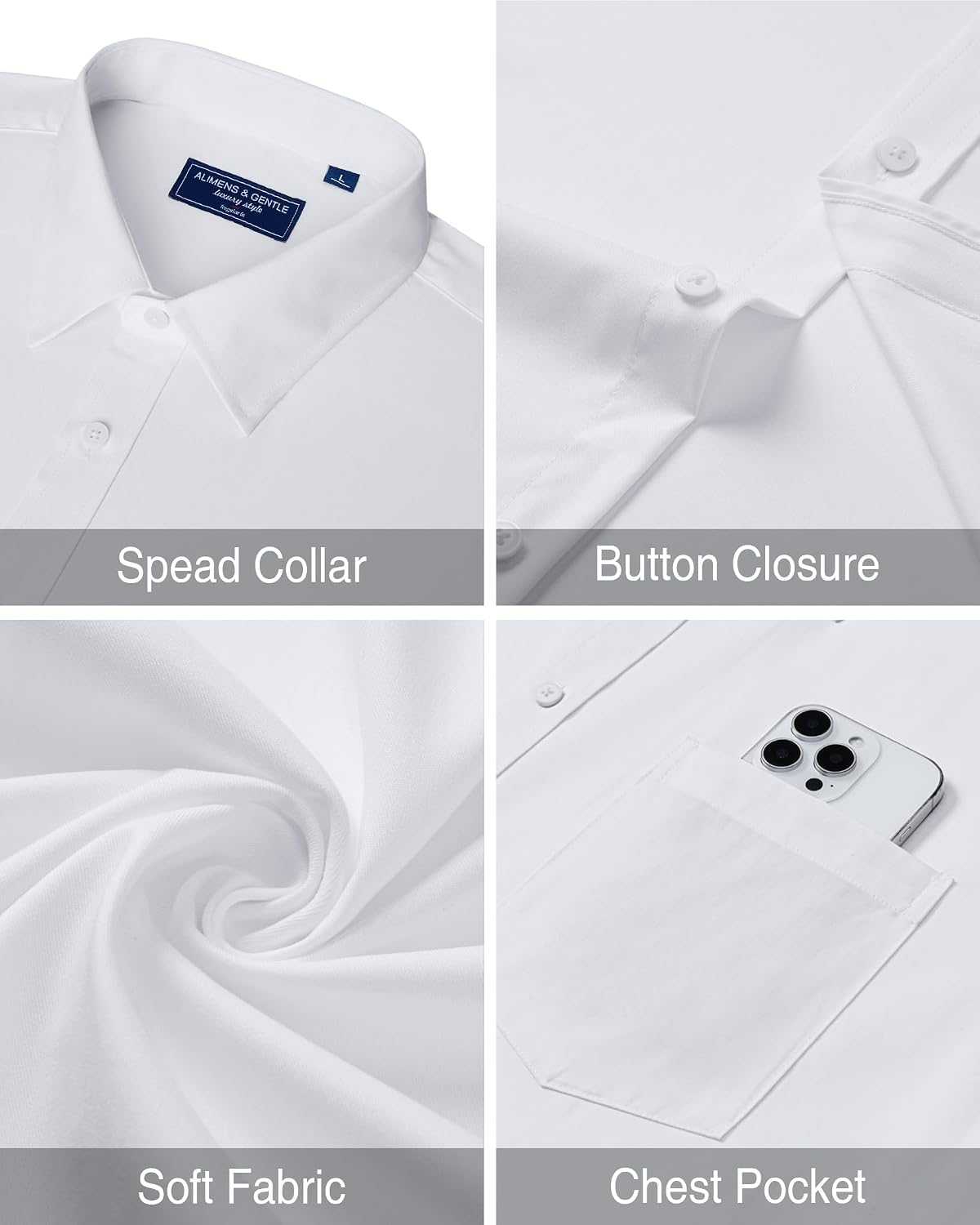 Mens Dress Shirt Long Sleeve Wrinkle Free Stretch Button Down Shirt White
