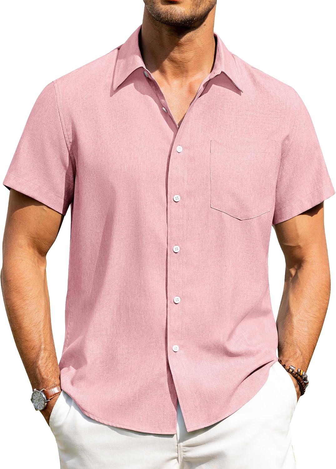 Alimens & Gentle Mens Linen Shirts Short Sleeve Button Down Shirts Wrinkle Free Casual Vacation Beach Summer Tops Pink