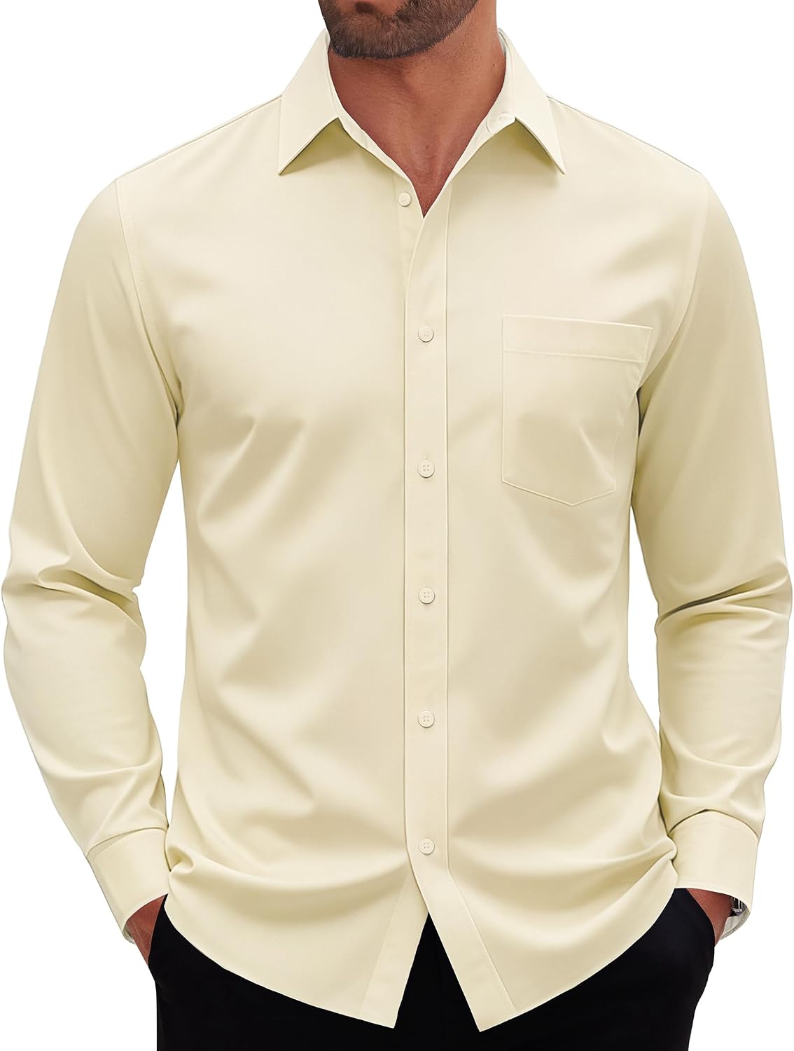 Mens Dress Shirt Long Sleeve Wrinkle Free Stretch Button Down Shirt Yellow