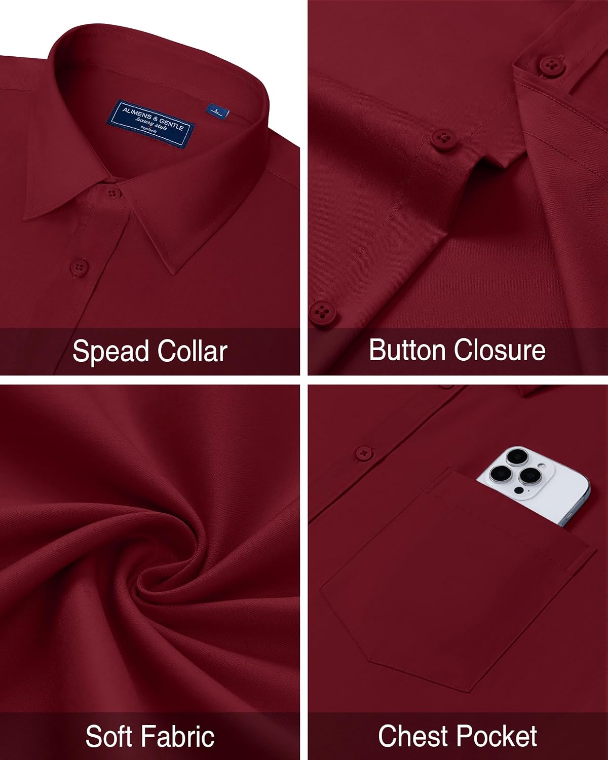 Mens Dress Shirt Long Sleeve Wrinkle Free Stretch Button Down Shirt Burgundy