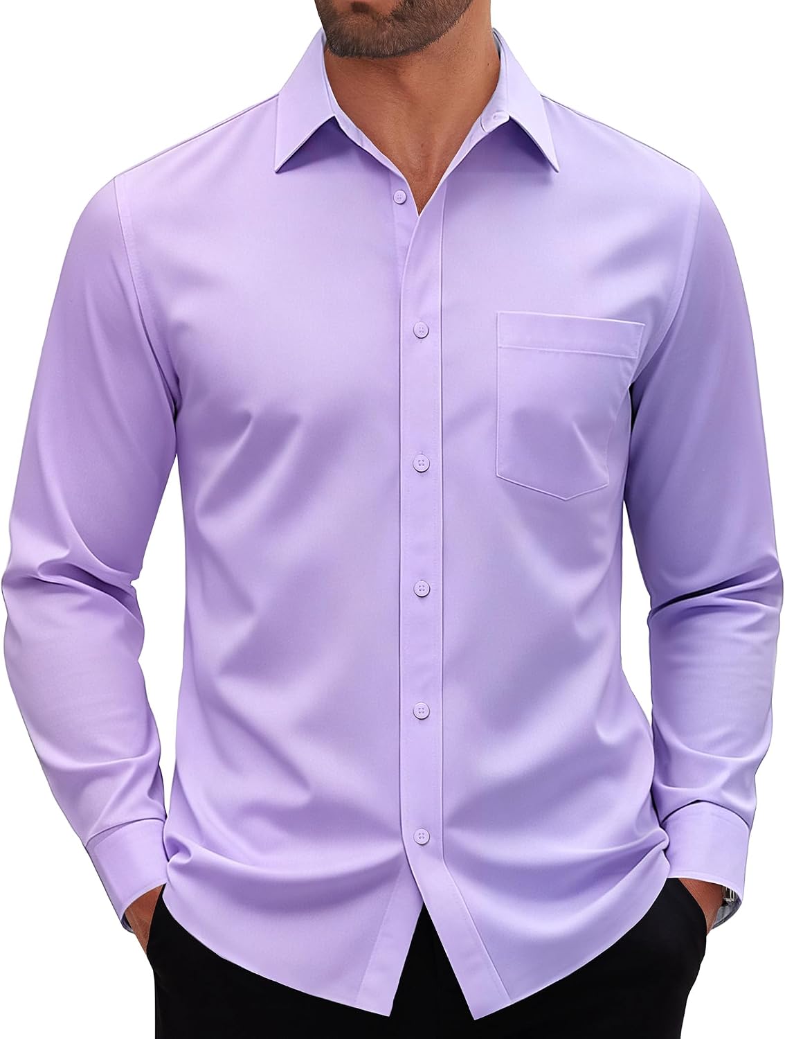 Mens Dress Shirt Long Sleeve Wrinkle Free Stretch Button Down Shirt Lavender Purple