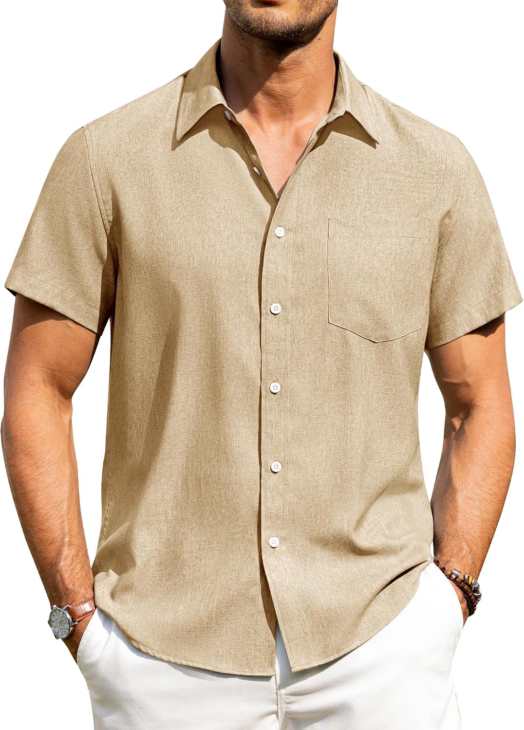 Alimens & Gentle Mens Linen Shirts Short Sleeve Button Down Shirts Wrinkle Free Casual Vacation Beach Summer Tops Khaki