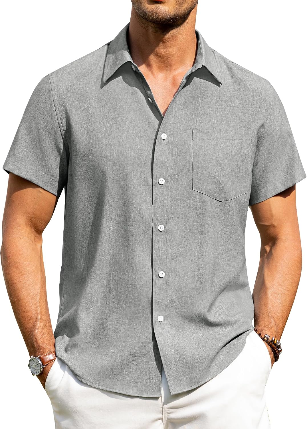 Alimens & Gentle Mens Linen Shirts Short Sleeve Button Down Shirts Wrinkle Free Casual Vacation Beach Summer Tops Light Grey