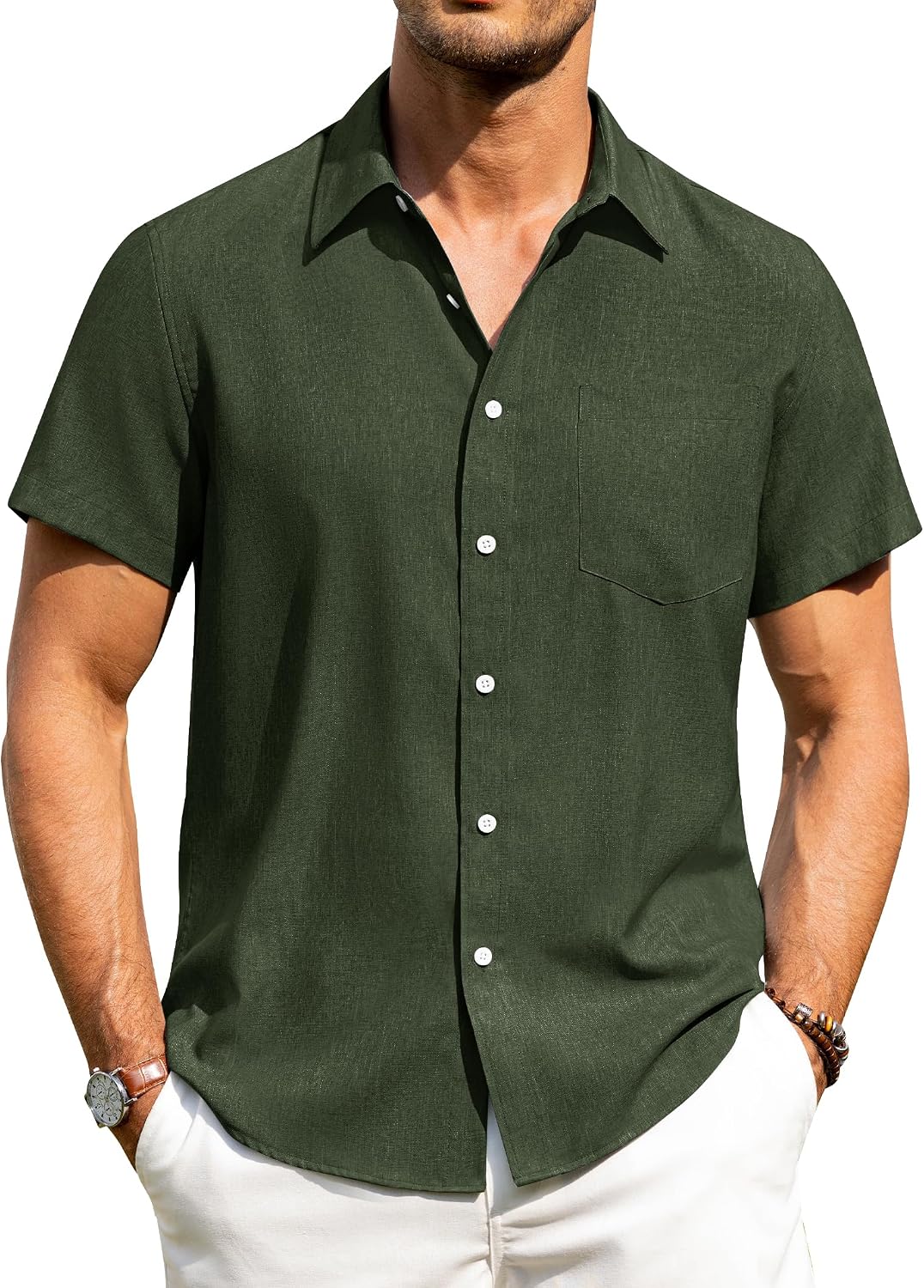Alimens & Gentle Mens Linen Shirts Short Sleeve Button Down Shirts Wrinkle Free Casual Vacation Beach Summer Tops Olive Green