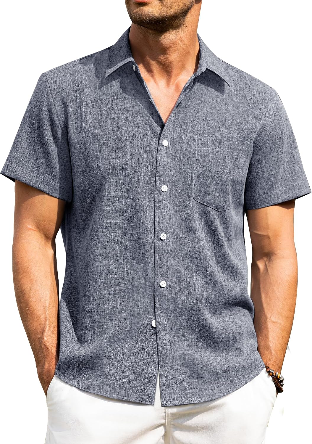 Alimens & Gentle Mens Linen Shirts Short Sleeve Button Down Shirts Wrinkle Free Casual Vacation Beach Summer Tops Blue