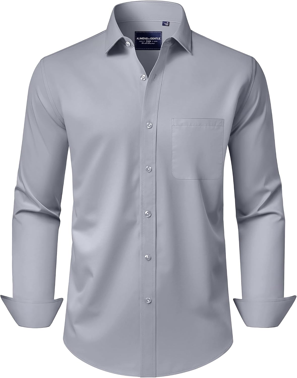 Alimens & Gentle Men's Dress Shirts Long Sleeve Wrinkle-Free Stretch Shirts Solid Formal Button Down Shirt with Pocket Silver