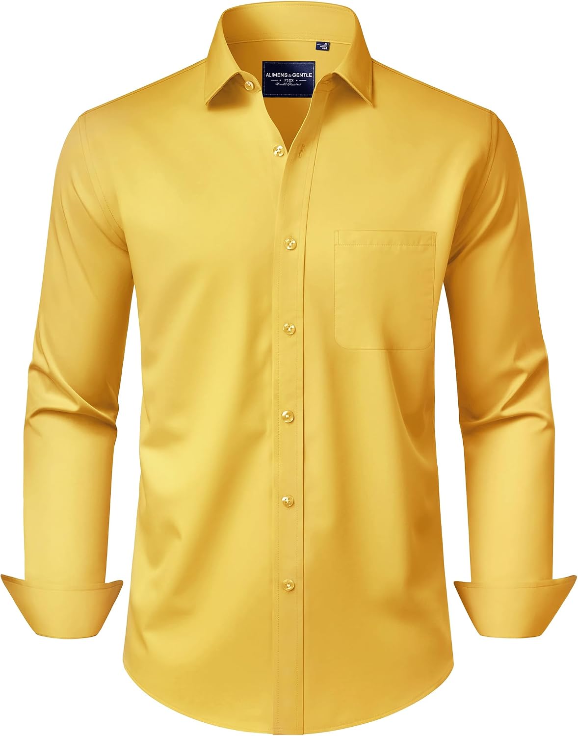 Alimens & Gentle Men's Dress Shirts Long Sleeve Wrinkle-Free Stretch Shirts Solid Formal Button Down Shirt with Pocket Yellow