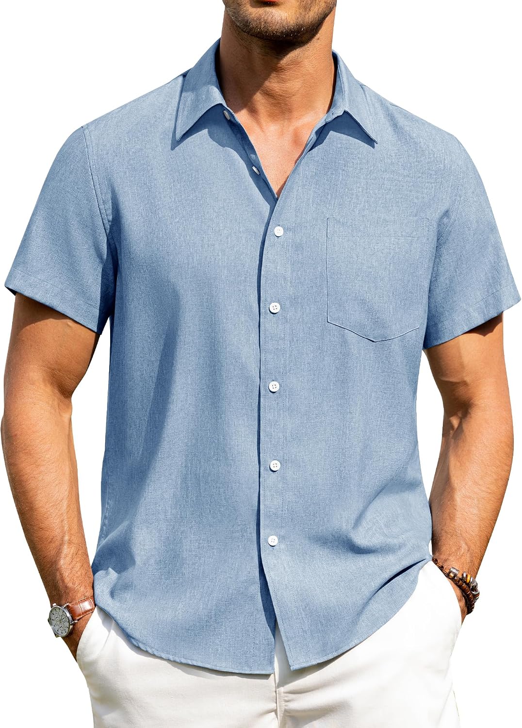 Alimens & Gentle Mens Linen Shirts Short Sleeve Button Down Shirts Wrinkle Free Casual Vacation Beach Summer Tops Sky Blue