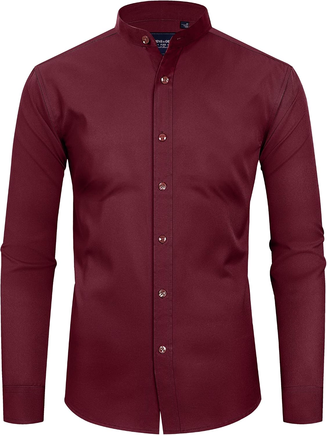 Alimens & Gentle Men's Banded Collar Dress Shirts Wrinkle Free Long Sleeve Mandarin Collar Button Down Shirt Wine Red