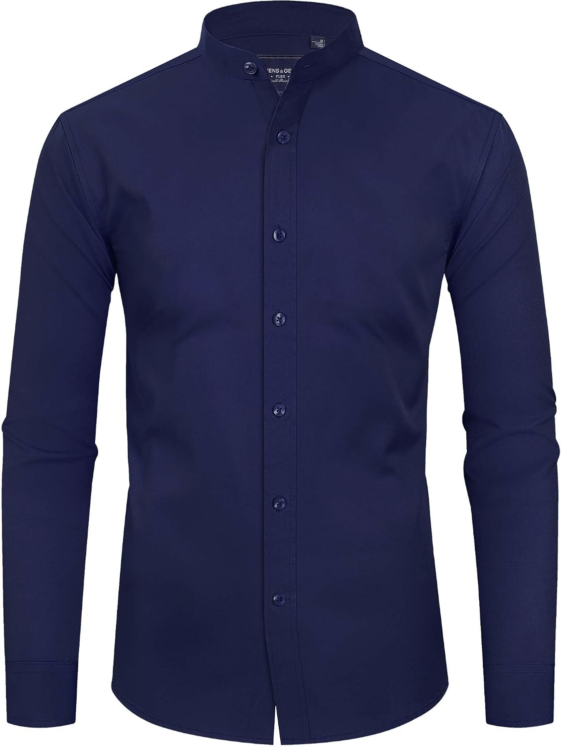 Alimens & Gentle Men's Banded Collar Dress Shirts Wrinkle Free Long Sleeve Mandarin Collar Button Down Shirt Navy