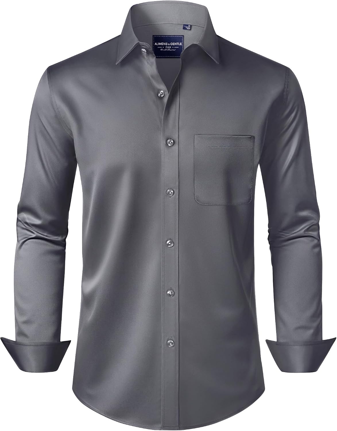 Alimens & Gentle Men's Dress Shirts Long Sleeve Wrinkle-Free Stretch Shirts Solid Formal Button Down Shirt with Pocket Dark Grey