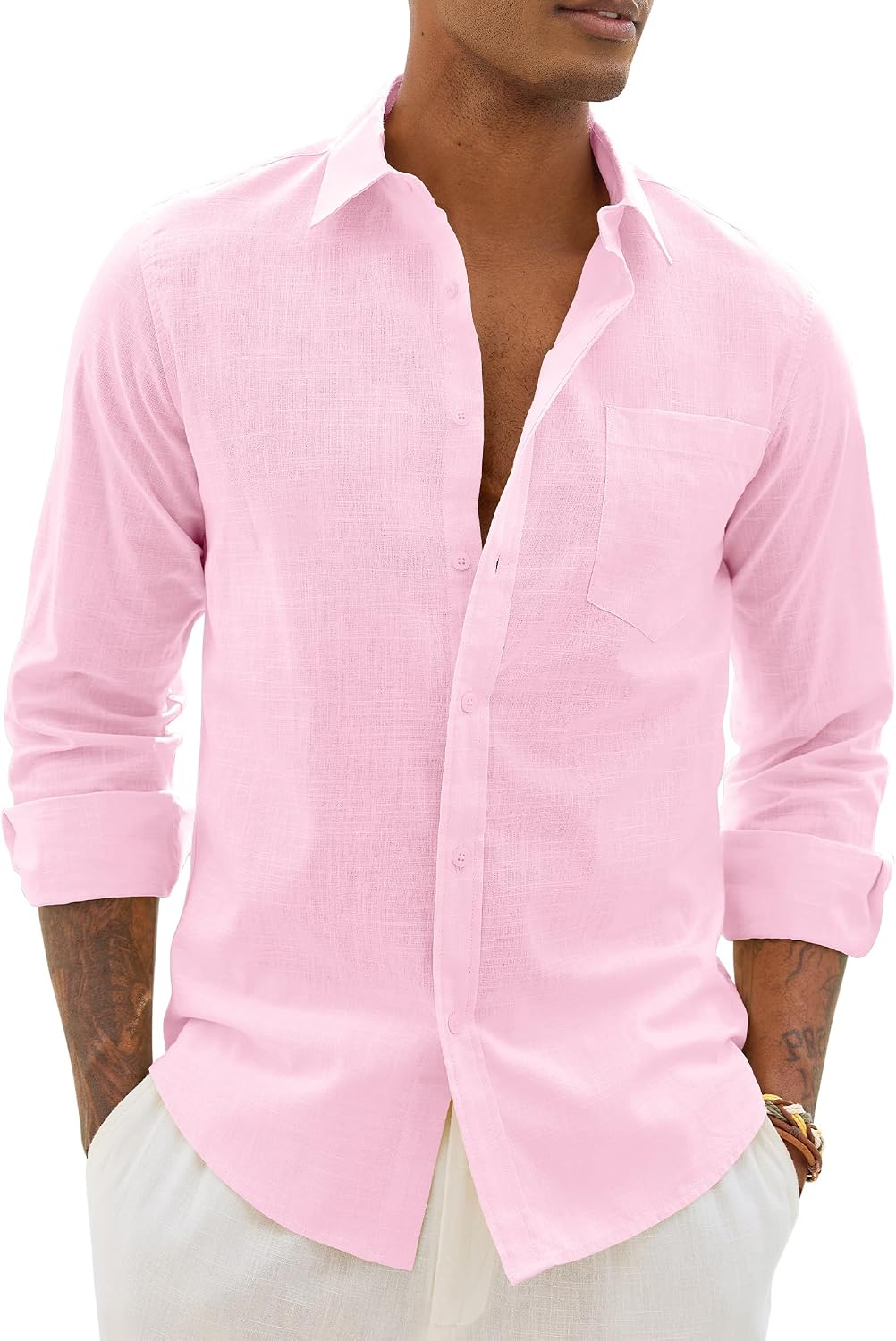 Alimens & Gentle Mens Linen Textured Shirt Long Sleeve Summer Beach Tops Pink