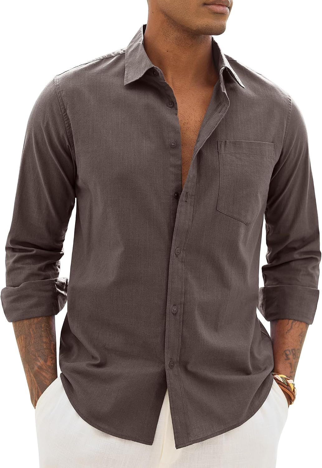 Alimens & Gentle Mens Linen Textured Shirt Long Sleeve Summer Beach Tops Brown