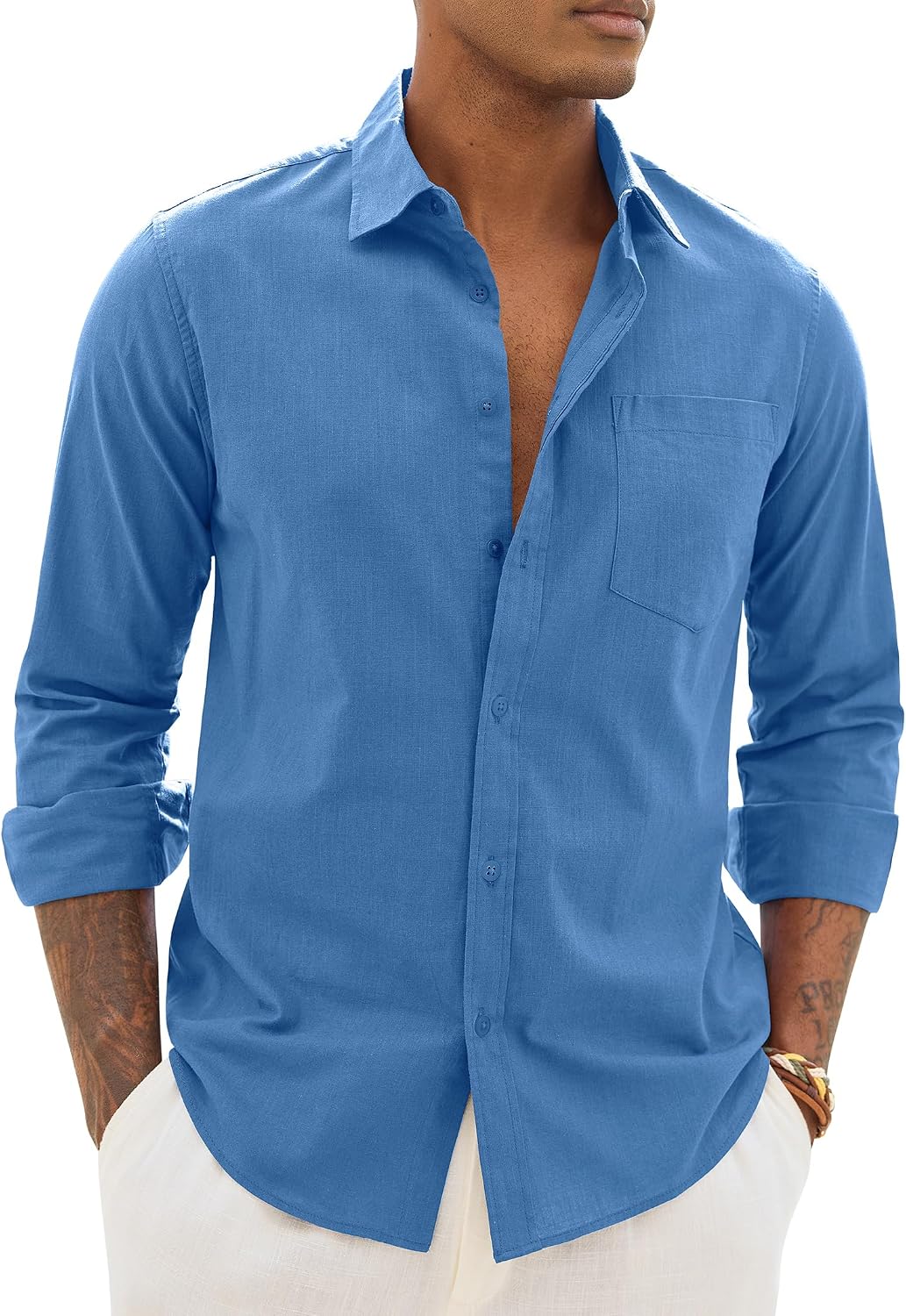 Alimens & Gentle Mens Linen Textured Shirt Long Sleeve Summer Beach Tops Royal Blue
