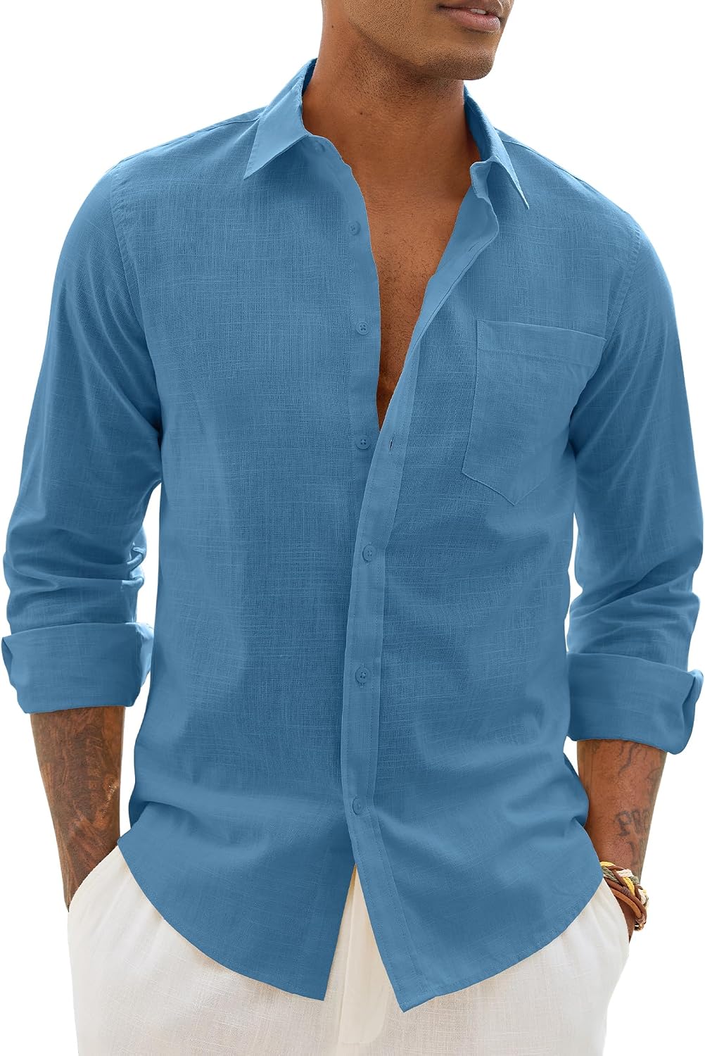 Alimens & Gentle Mens Linen Textured Shirt Long Sleeve Summer Beach Tops Dusty Blue