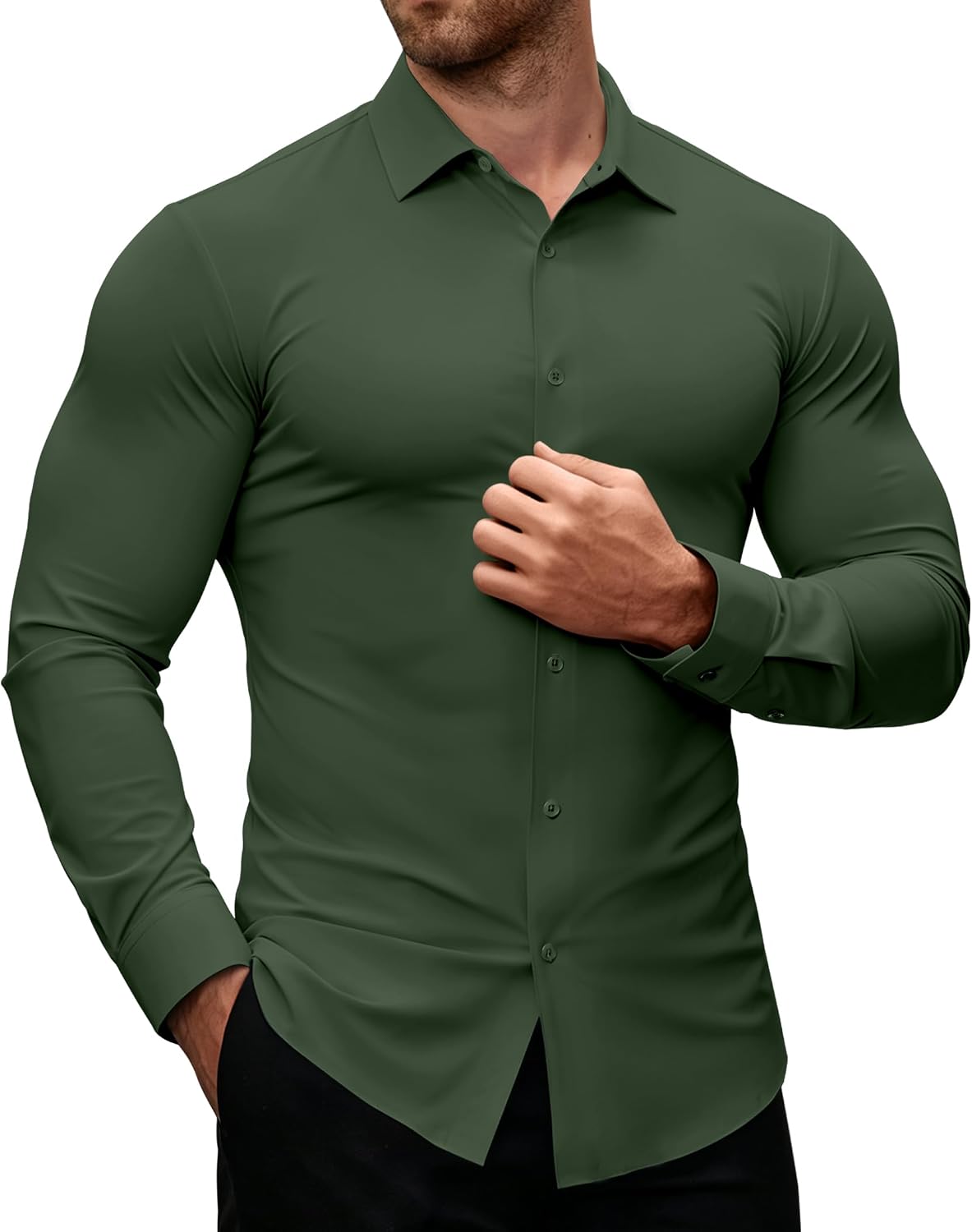 Alimens & Gentle Stretch Mens Dress Shirts Slim Fit Long Sleeve Casual Skinny Muscle Fit Wrinkle Free Button Down Shirt Olive