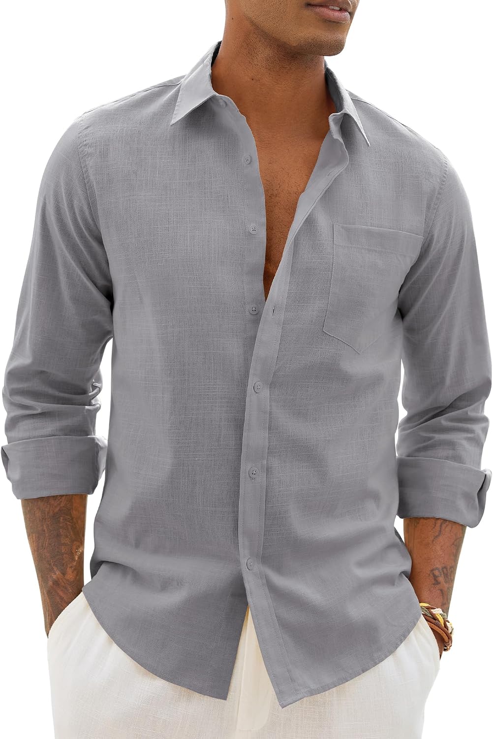 Alimens & Gentle Mens Linen Textured Shirt Long Sleeve Summer Beach Tops Grey