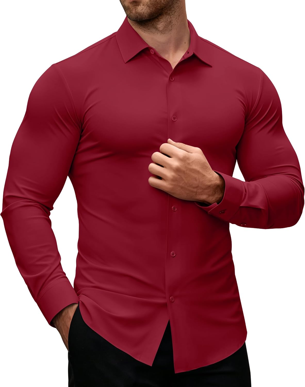 Alimens & Gentle Stretch Mens Dress Shirts Slim Fit Long Sleeve Casual Skinny Muscle Fit Wrinkle Free Button Down Shirt Ruby Red