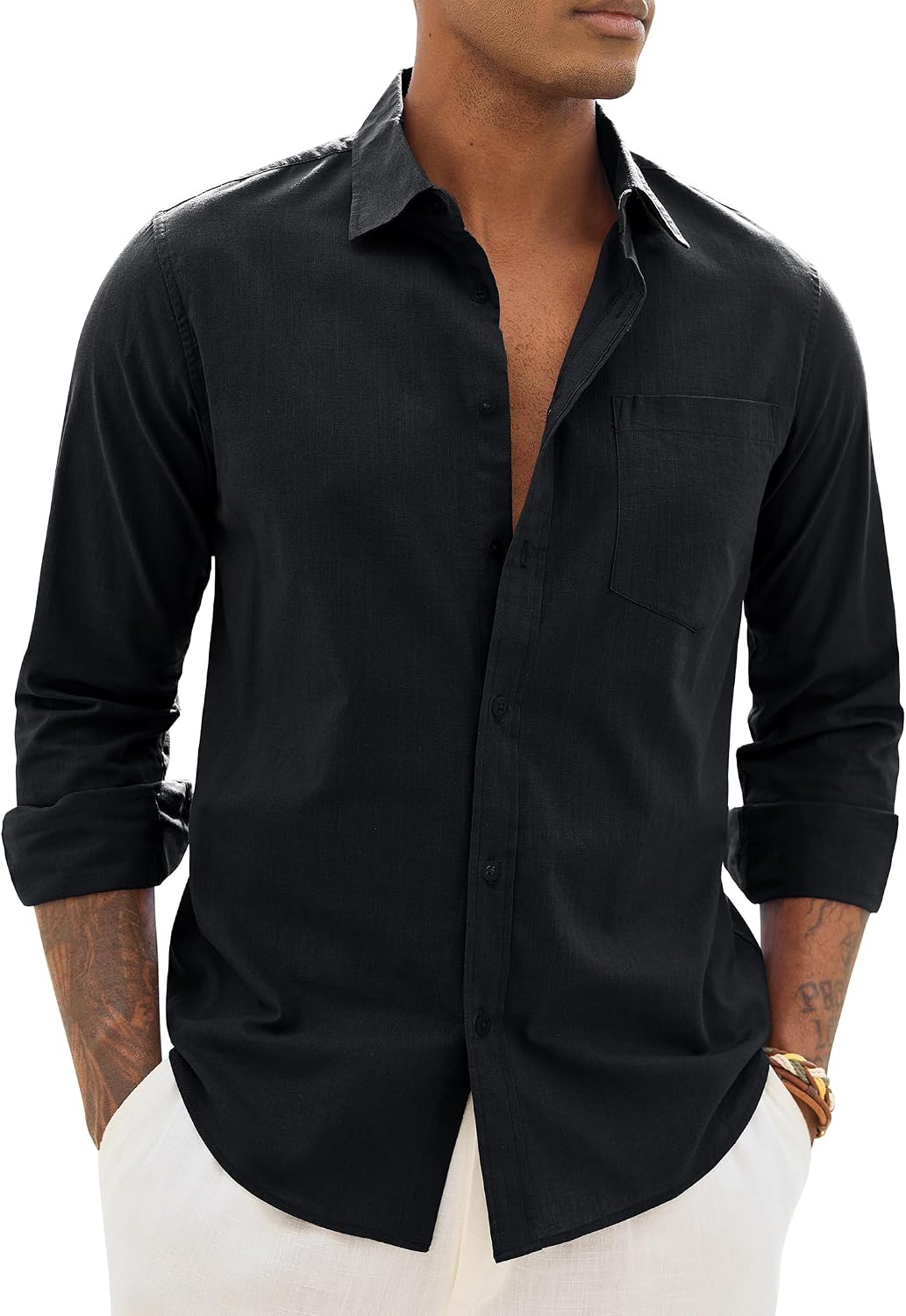 Alimens & Gentle Mens Linen Textured Shirt Long Sleeve Summer Beach Tops Black