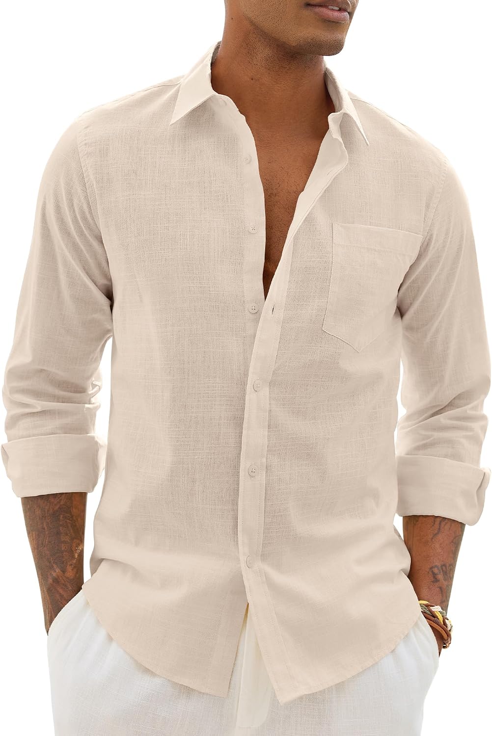 Alimens & Gentle Mens Linen Textured Shirt Long Sleeve Summer Beach Tops Tan
