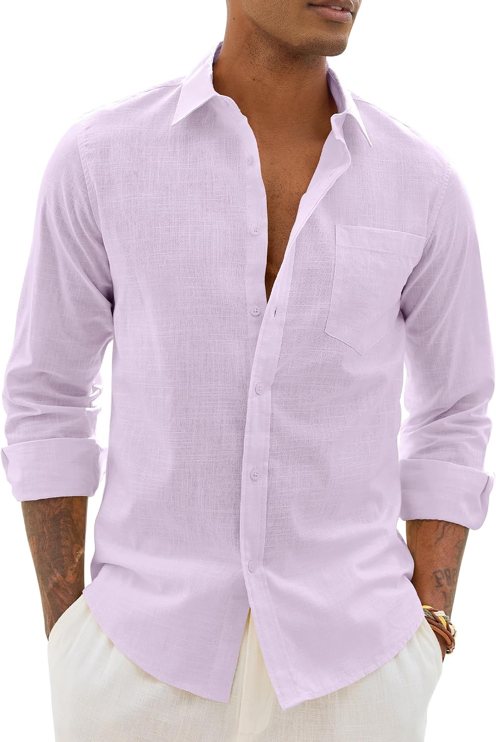 Alimens & Gentle Mens Linen Textured Shirt Long Sleeve Summer Beach Tops Lavender